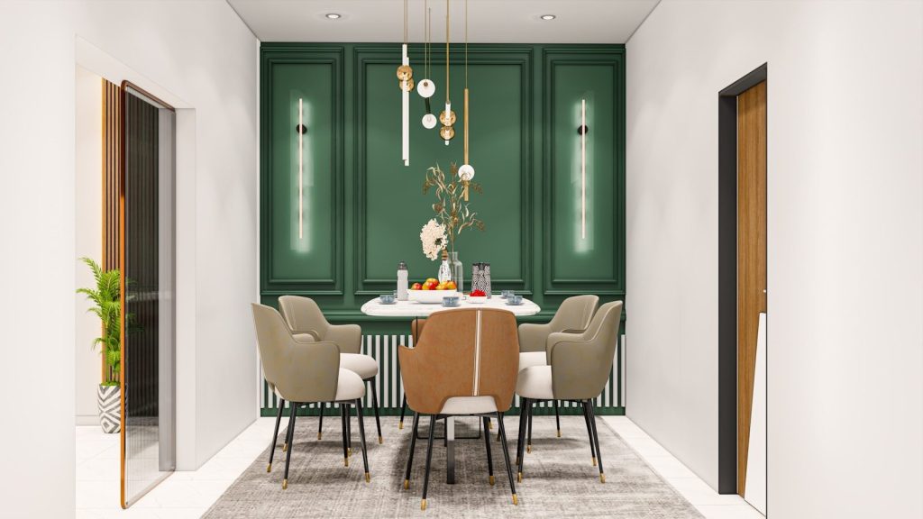 A dining room with a table and chairs