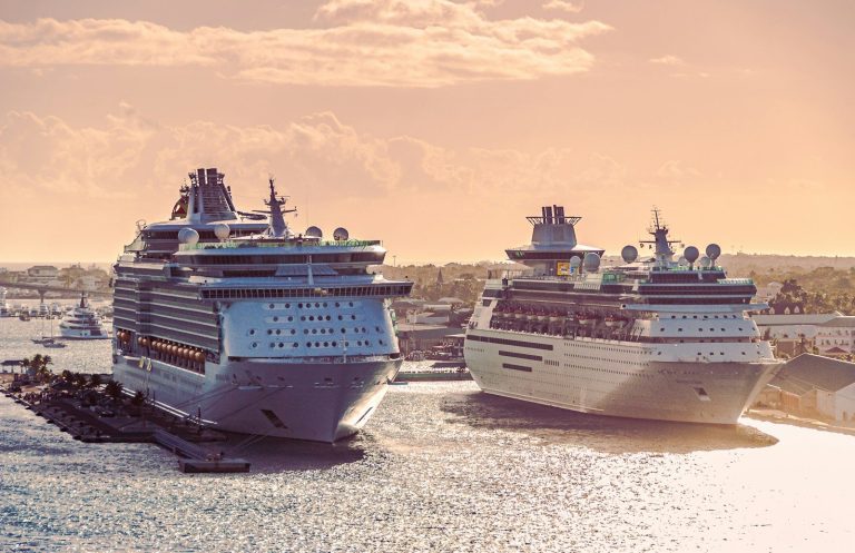 two cruise ships are docked in the water