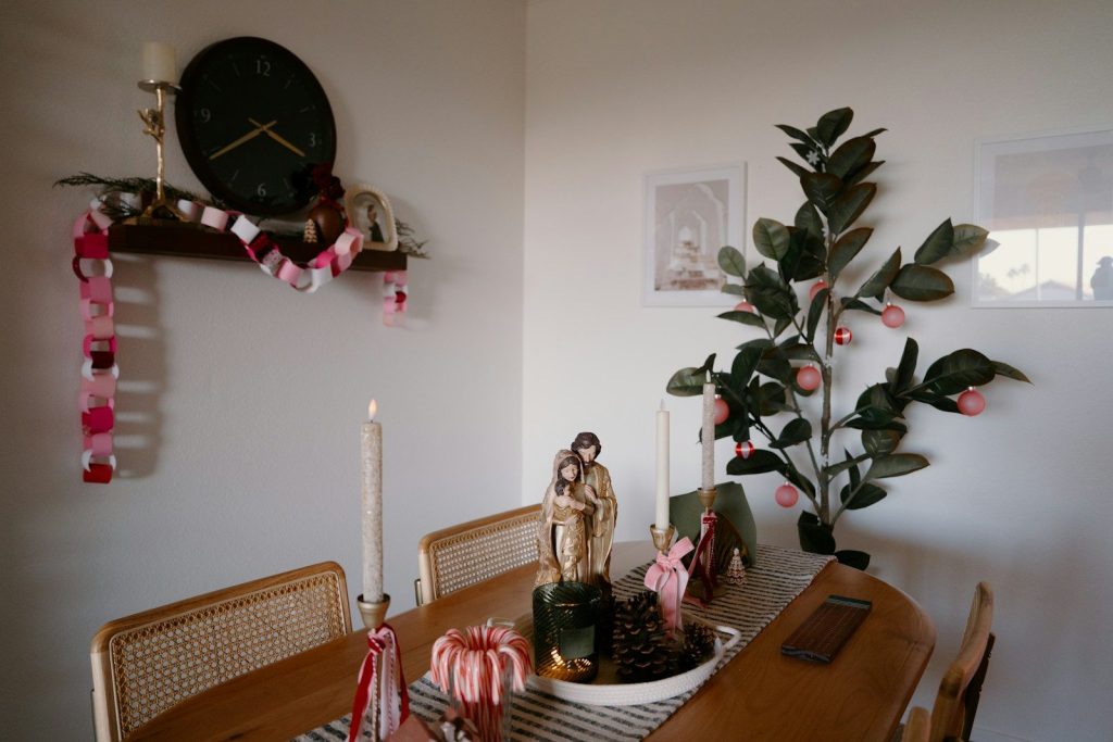 A dining table decorated for a holiday celebration.