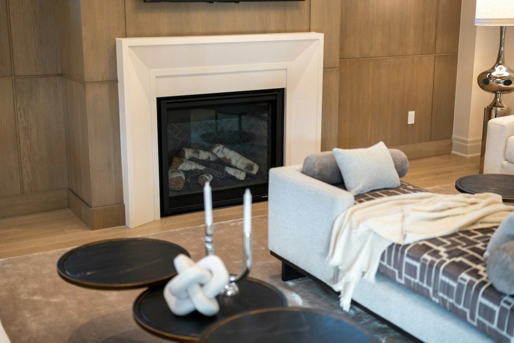 Modern living room with fireplace and sofa