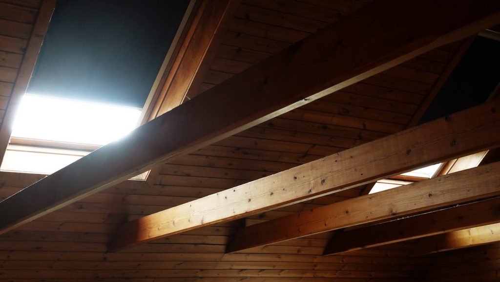 Wooden beams and ceiling in an attic