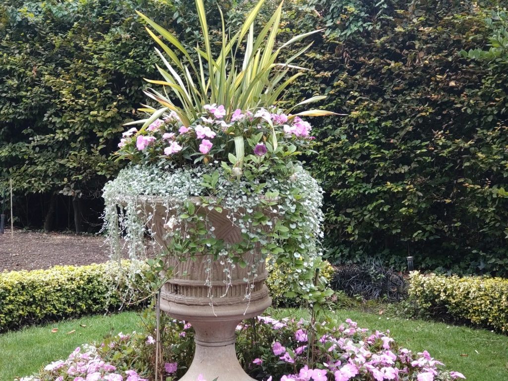 A planter filled with lots of flowers in a garden