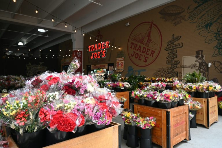 Trader joe's flower display with colorful bouquets