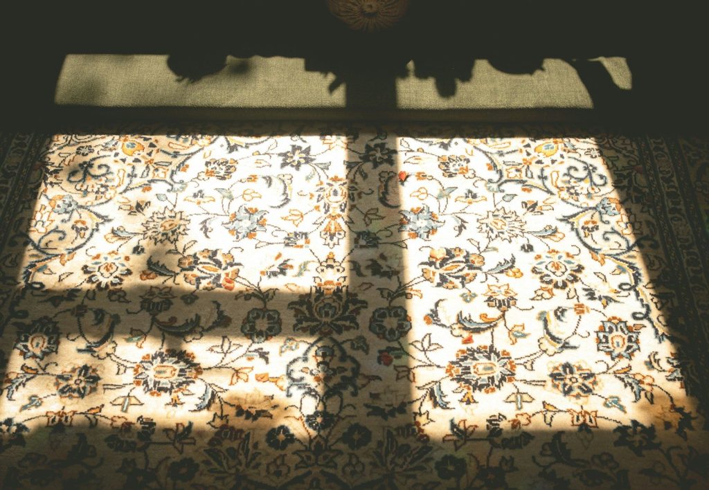 Sunlight streams through a window onto a patterned rug.